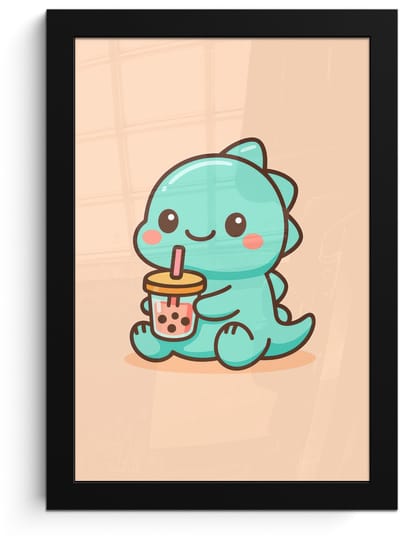 Poster in lijst - Fotolijst 20x30 cm - Posters - Dino - Boba - kawaii - Oranje - Posterlijst zwart - Decoratie - Wanddecoratie woonkamer - Muurdecoratie slaapkamer