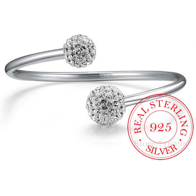 925 Sterling Zilver Kristallen Bol Bangles Open Manchet Armbanden Bangles Sieraden Pulseras voor Vrouwen white