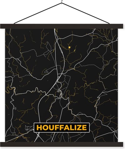 Posterhanger incl. Poster 60x60 cm - Schoolplaat - Houffalize - Plattegrond - Kaart - Gold - Stadskaart - Textielposter - Zwarte latten - Stadskaart