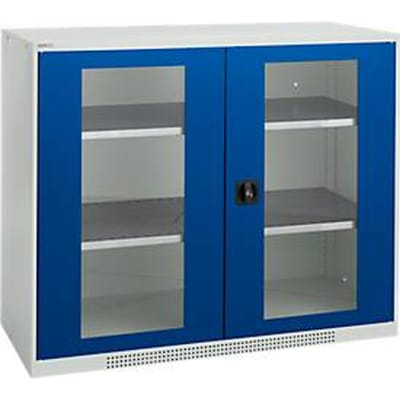 Schäfer Shop Genius dubbeldeurskast FS, staal, kijkvenster, ventilatiegaten, B 1343 x D 520 x H 1105 mm, 3 OH, lichtgrijs/ gentiaanblauw, tot 450 kg