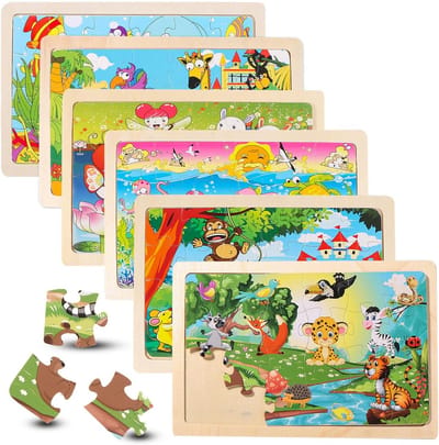Houten Puzzels voor Peuters en Kinderen (6 Delen, 24 Stukjes) - Educatief Speelgoed met Dieren Thema's