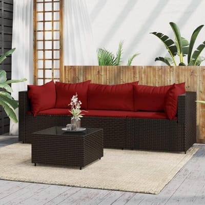 Tuin Loungeset 4-Delig met Hoekbank en Tafel 63x63x57,5 cm – Poly-Rattan Bruin met Kussens & Glasplaat – Modulaire Balkon & Terras Lounge Set Weerbestendig – Urbanhome
