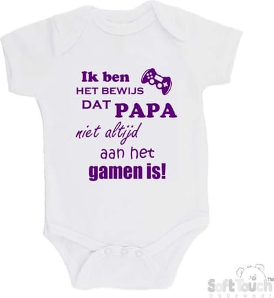 100% katoenen Romper "Ik ben het bewijs dat PAPA niet altijd aan het gamen is!" Meisjes Katoen Wit/paars Maat 62/68