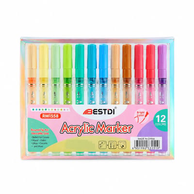 Acrylmarkers - 12 stuks in 12 kleuren - Enkele ronde punt - Voor tekenen en krabbelen