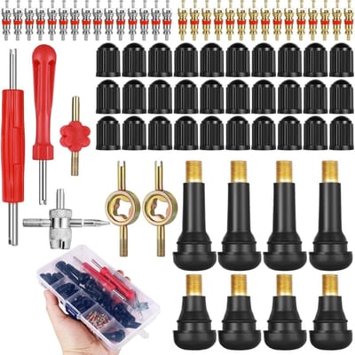 Complete 74-delige Ventielverwijder Set met Ventielkern Reparatietools, Sleutel en Opbergdoos voor Motorfietsen, Inclusief 30 Caps en 30 Ventielinvoeren
