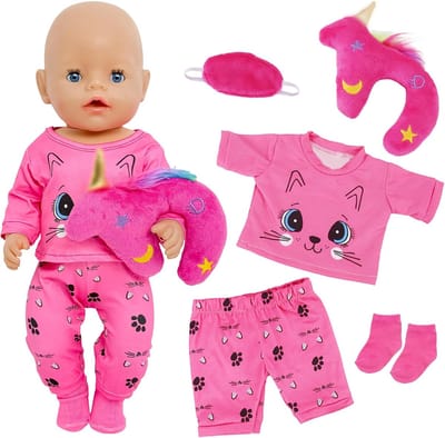 Pyjama Set voor Poppen (30-45 cm): 2x Katten Pyjama, Oogmasker en Reiskussen
