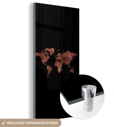 ® Glasschilderij 40x80 cm - Schilderij acrylglas - Wereldkaart - Leer - Zwart - Foto op glas - Muurdecoratie woonkamer - Wanddecoratie slaapkamer - Schilderijen