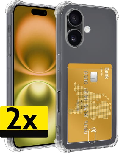 Hoesje - 2 Stuks - Geschikt voor Apple iPhone 16 - Met Pashouder en Kaarthouder - Telefoon Hoes Shockproof - Siliconen Case - Back Cover - Shock Proof - Pasjes Houder - Telefoonhoesjes - Transparant