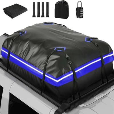 Famanu - Opvouwbare dakkoffer, 425 liter, waterdicht, met antislipmat, deurhaken, versterkingsriemen voor auto's, SUV's, met/zonder bagagedrager, reizen, bagagetransport, blauw