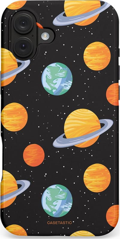 Casetastic hoesje geschikt voor Apple iPhone 16 Plus - MagSafe - Dubbellaagse bescherming - Universum reis - Fashion Case - Zwart Goud Oranje