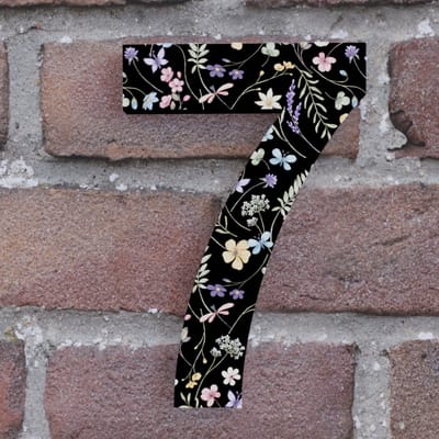 Huisnummer Arial 7 zwart met bloemen - Maat: Klein (10 cm) - zelfklevend - Huisnummerbord