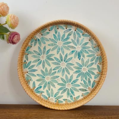 Rieten Geweven Serveerblad Rond Decoratief Natuurlijk Rieten Schelp Fruit Dessert Snackbord voor