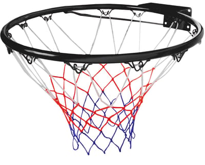 Basketbalring Zwart – Inclusief Netje Rood/Wit/Blauw – Wandbevestiging – Diameter Ø 46 cm – Recreatieve Basketbalring – Indoor & Outdoor Gebruik – Engelhart