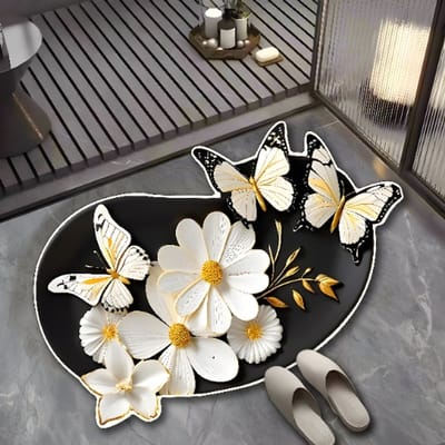 Badmat Antislip Absorberende Badkamermat Diatomeeënaarde Microvezel Badmat Zacht Sneldrogend 50 x 80 cm Witte Bloemen en Vlinders