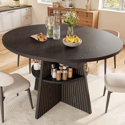 OKWISH Uitschuifbare Eettafel - Van Rond Naar Lang - Met Open Opbergvak - MDF Zwart - 110-150 x 110 x 76 cm