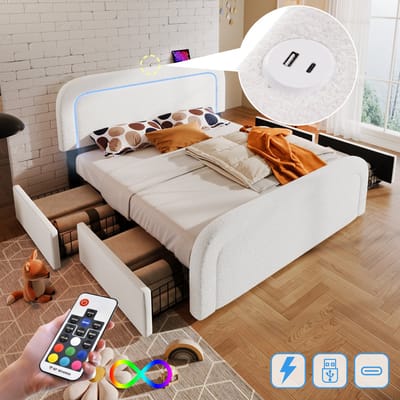 HAUSS SPOLE Gestoffeerd Bed 140x200 cm - Met USB C Aansluiting En LED - 4 Laden - Zonder Matras - Sherpa - Wit