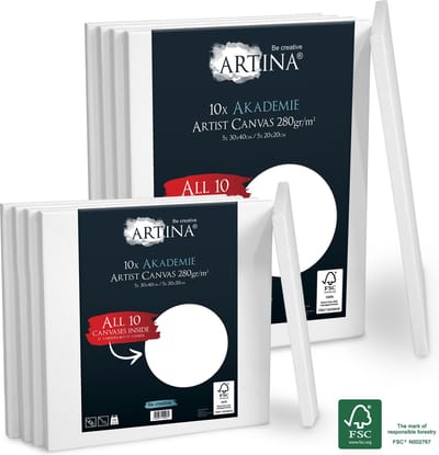 Artina Akademie schildersdoeken - Set van 10 canvas - verschillende maten 30 x 40 cm (5) en 20 x 20 cm (5) set canvas - FSC® hout van 100% katoen - spieraam in academie kwaliteit - 280 g/m² om te beschilderen