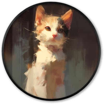 Poster in lijst Rond - Fotolijst 60x60 cm - Posters - Kat - Geschilderd - Artistiek - Wit - Ronde posterlijst zwart - Decoratie - Wanddecoratie woonkamer - Muurdecoratie slaapkamer