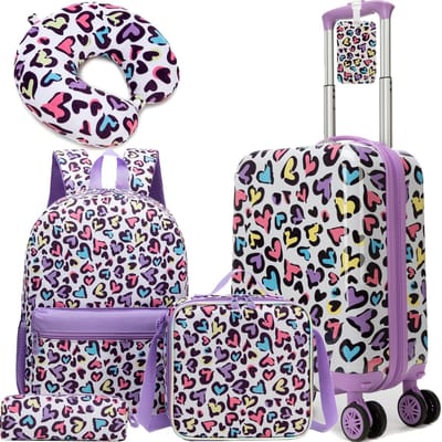Dailygoods- Reiskoffer Kind - Set met Rugzak/Lunchbox/Etui/Nekkussen - Handbagage - Duurzaam ABS - Kleurrijk Design - Geschikt voor Luchtvaartmaatschappijen - Kinderkoffer