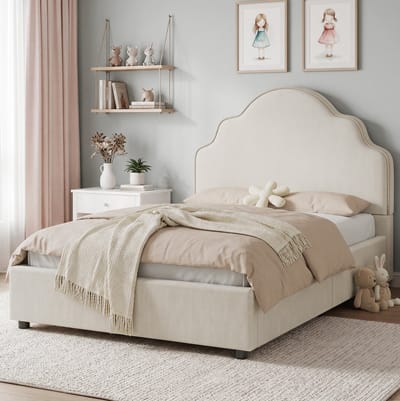 MIVRAY Kinderbed 90x200 cm - Eenpersoonsbed Met Gewatteerd Wolkvormig Hoofdbord en Lattenbodem - Zonder Matras - Linnenlook Stof - Beige
