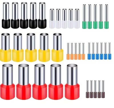 Meerkleurige metalen adereindhulzen set kabelhulzen beide 40 stuks assortiment geïsoleerde kabel eind hulzen verschillende maten rood geel blauw groen zwart wit krimp hulzen set