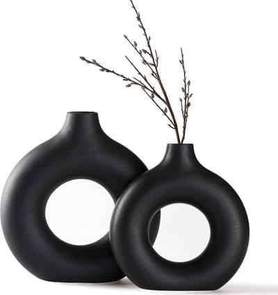 Vaas voor pampasgras, keramische vaas, zwarte donutvaas, ronde vorm, moderne, witte ronde vaas, abstract, bloemenvaas voor thuis en op kantoor, decoratie, mat zwart