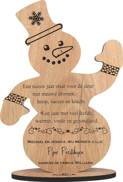 Kerstkaart sneeuwman gepersonaliseerd - originele wenskaart - kaart van hout - kerstmis - eindejaar - 17.5 x 25 cm