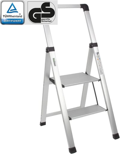 TRUTZHOLM Aluminium Trapladder 2 Treden Zilver - TÜV/GS 150kg Huishoudtrap - Met Opklapbare Leuning Antisliptreden Keukentrap