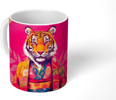 Mok - Koffiemok - Tijger - Kimono - Planten - Roze - Mokken - 350 ML - Beker - Koffiemokken - Theemok