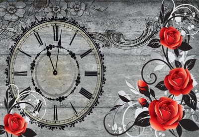 Fotobehang Roses Clock Wood Planks Vintage | XL - 208cm x 146cm | 130g/m2 Vlies