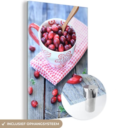® Glasschilderij 120x180 cm - Schilderij acrylglas - Een decoratieve kom op theekleed met cranberry's - Foto op glas - Muurdecoratie woonkamer - Wanddecoratie slaapkamer - Schilderijen