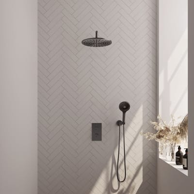 Brauer Gunmetal Edition thermostatische inbouw regendouche 3-weg omstelling SET 34 met 30 cm douchekop en gebogen muurarm en 3-standen handdouche en doucheslang en wandaansluitbocht gunmetal geborsteld PVD
