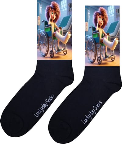 Opkikkertje - beterschap - bedankje - vrouw rood - gebroken been - ziekenhuis sokken - Verpleging Sokken - Vrolijke sokken - Leuke Sokken - opkikker - sokken waar van wordt - LuckyDay Socks - maat 37-44