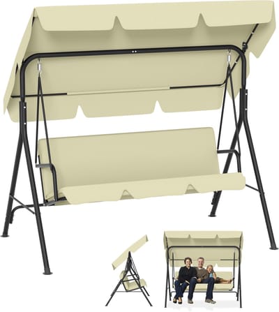 Froadp Beige Hollywood Hangmat 3-zits met verstelbaar zonnedak Tuinhangmat tot 200 kg Weerbestendige Hangmatbank met comfortkussens & Anti-slip poten Voor Tuin, Balkon 193x110x152cm
