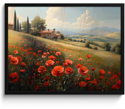 Poster in lijst - Fotolijst 70x50 cm - Posters - Klaprozen - Rood - Heuvels - Landschap - Posterlijst zwart - Decoratie - Wanddecoratie woonkamer - Muurdecoratie slaapkamer