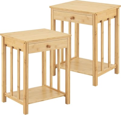 Set van 2 Bijzettafels met Lade en Plank in Natuurlijke Bamboe - 51x40x35 cm