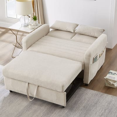 MIVRAY Slaapbank Uittrekbaar Met 3-Standen Verstelbare Rugleuning – Voor Woonkamer En Slaapkamer – Katoen Linnen Beige