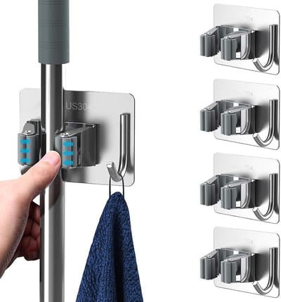 Famanu – Bezemhouder set van 4 – Wandhouder met haak, multifunctionele klemhouder voor dagelijks gebruik – Voor dweil, bezem, schep en gereedschap (grijs)