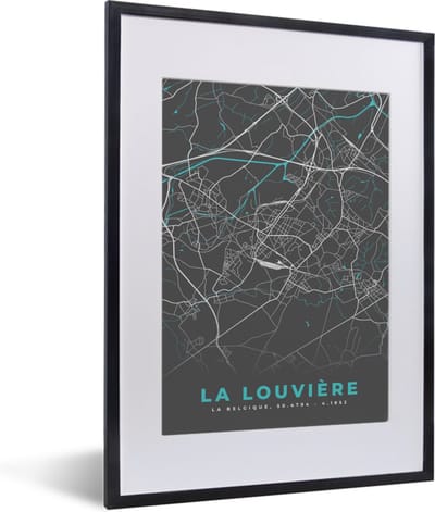 Fotolijst incl. Poster - Plattegrond – La Louvière – Blauw – Stadskaart - Kaart - 30x40 cm - Posterlijst