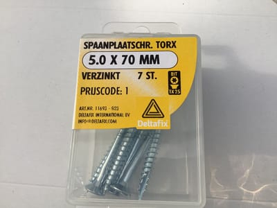 Hout schroef Platkop-TORX 5.0 x 70 MM. Lang. VERZINKT 7 Stuks spaanplaat schroeven DeltafiX.