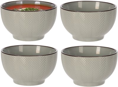Siaki Soepkom Fishbone - 4x - lichtgrijs - 14 x 8 cm - keramiek - kommetjes/schaaltjes - 680 ml