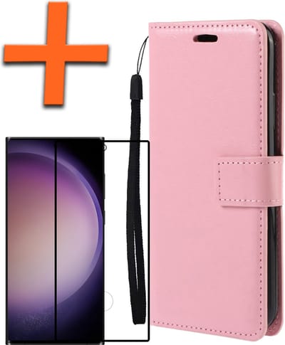 Hoes - Met Screenprotector - Geschikt voor Samsung Galaxy S23 Ultra - Luxe Pasjeshouder - Bookcase Portemonee - Flip Case - Kunstleer Book Case - Flipcase - Book Cover - Walletcase - PortemonneeHoes - Lichtroze
