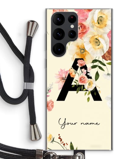 Gepersonaliseerd - Case Company® - Hoesje met koord geschikt voor Samsung Galaxy S22 Ultra hoesje met Koord - Flirty Flowers Monogram - Telefoonhoesje met Zwart Koord - Bescherming aan alle Kanten en Over de Schermrand