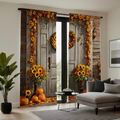 2 pièces Guirlande de tournesols Fête des récoltes HD Porte en bois Rideau citrouille Cordon jaune Rideau imprimé numérique Style Décoration d'intérieur W52H63inchW132H160cm brown