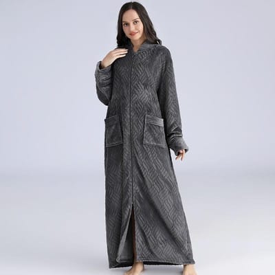 Dames Winter Plus Size Lange Warme Flanel Badjas Zwanger Rits Badjas Geliefden Knusse Badjas Heren Nachtkleding XL black