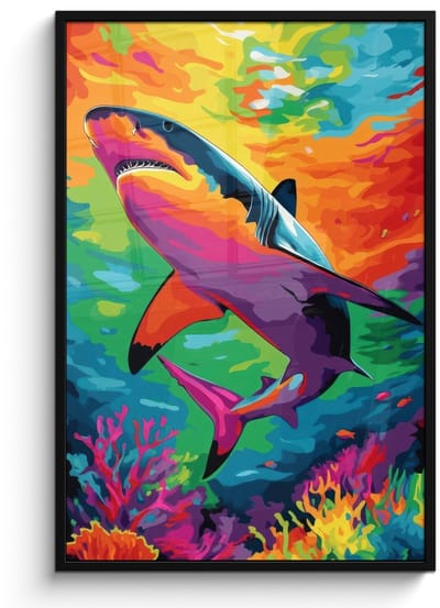 Poster in lijst - Fotolijst 80x120 cm - Posters - Haai - Koraalrif - Abstract - Kleurrijk - Posterlijst zwart - Decoratie - Wanddecoratie woonkamer - Muurdecoratie slaapkamer