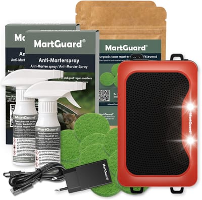 MartGuard® Martervrij 3-Stappenplan Binnen 50 m² - Complete Set met Ultrasone Marterverjager, Geurpads & Anti-Marterspray - Diervriendelijk & Effectief tegen Marters in Huis, Garage, Schuur of Auto