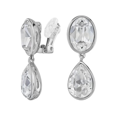 Traveller Clip Oorbellen - Oorclips Dames - Hangers - Zilverkleurig - Kristallen - Ovaal & Druppel - Geplatineerd - 35 x 12 mm - 157831