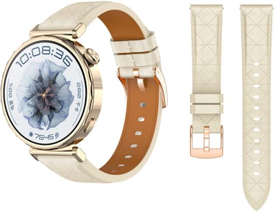 Stravo 18mm Luxe Slank Leren Horlogebandje – Echt Lederen Bandje met Diamantpatroon – Geschikt voor Garmin Vivoactive 4s / Vivomove 3s / Venu 2s / Venu 3s / Forerunner 255s / Forerunner 265s / Venu 4 41mm & Huawei GT 6 (41mm) - Beige