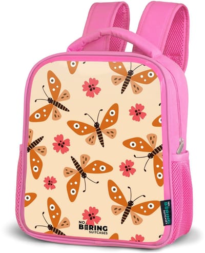 NoBoringSuitcases.com® - Rugzak roze - Schooltas meisjes - Oranje vlinders en roze bloemen op beige achtergrond - Kinder rugtas meisje - Boekentas kind - Kinderrugzak voor school - Schoolrugzak